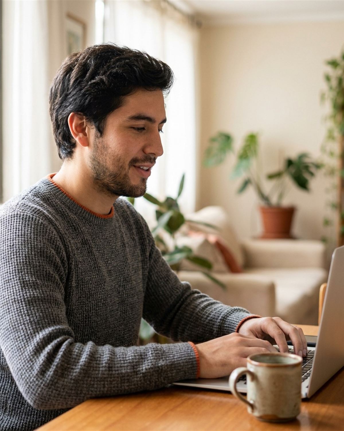 Joven trabaja tranquilo en su notebook en la mesa de su casa